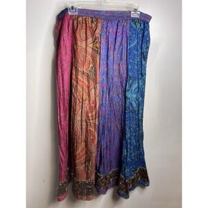 Chicos Maxi Skirt Silk Multicolor Medallion Print Sequin Patch Trim Boho Size 13